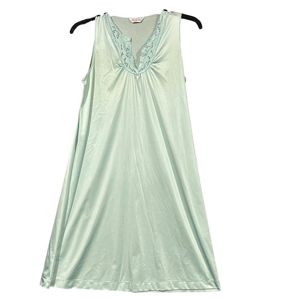 Vintage Vanity Fair Nightgown Seafoam Green Eyelet Lace V-Neck Sleep Dress Small